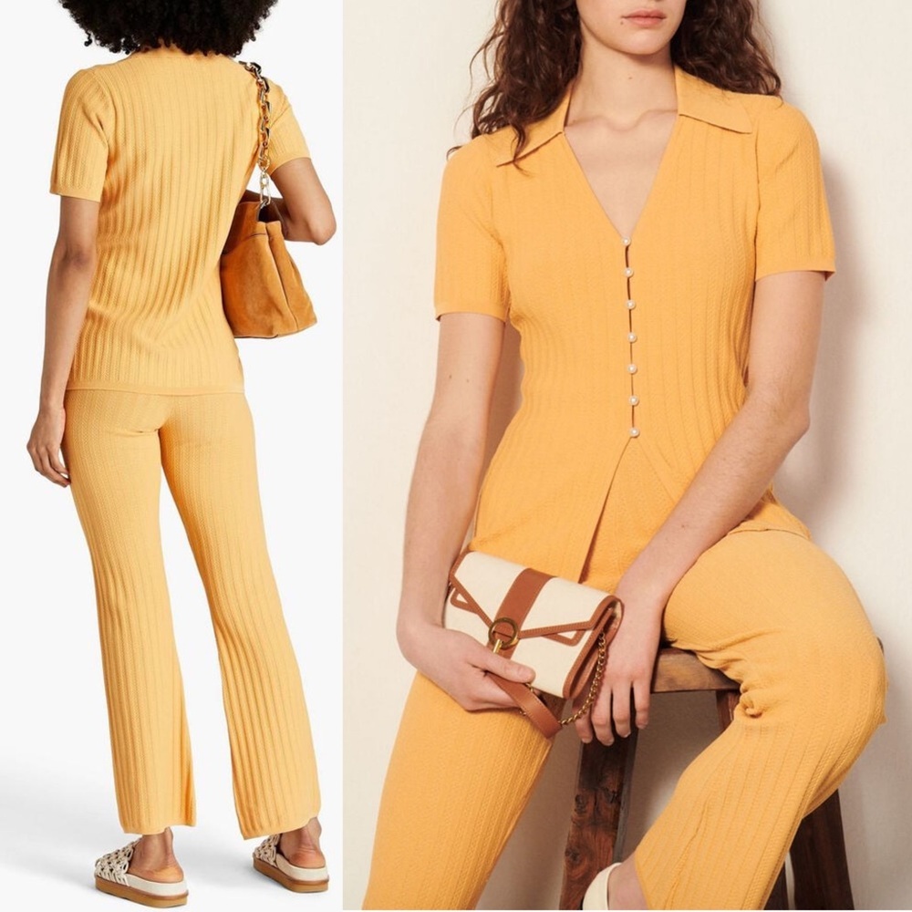 SANDRO Pointelle Trim Rib Knit High Rise Ankle Crop Bootcut Flare Leg Pants‎ M - Picture 2 of 14